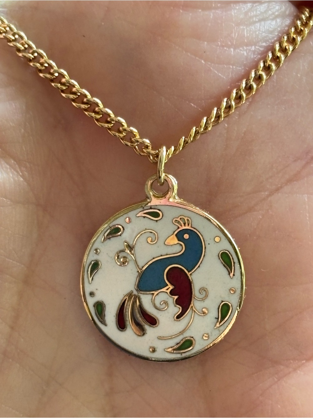 Gold-Tone Blue & Burgundy Enamel Peacock Pendant Necklace